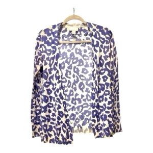 LOFT Petite SP Blue Leopard Print Open Front Cardigan Sweater